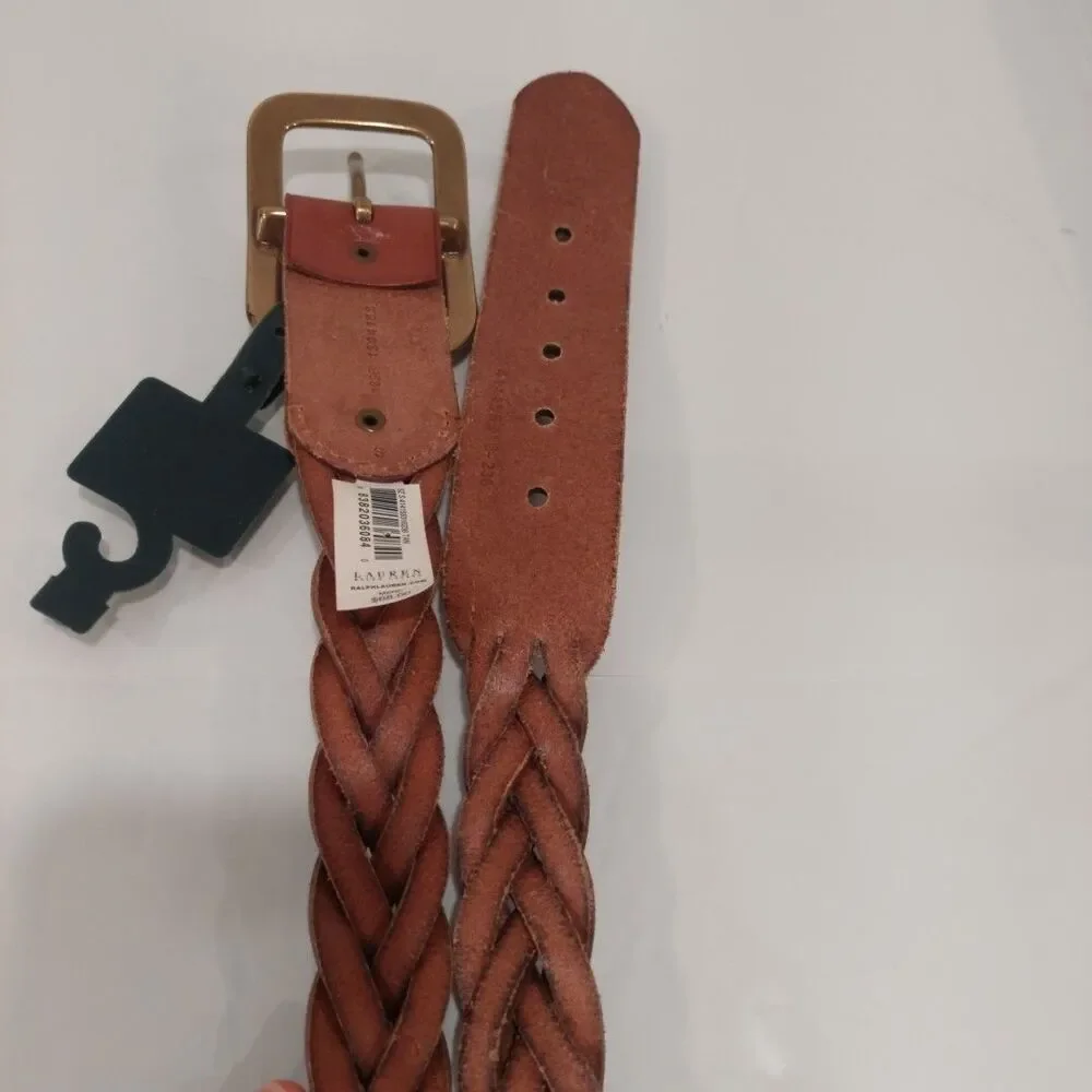 New RLL Ralph Lauren Tan Split Leather Braided Belt Massive Buckle Sz Smal